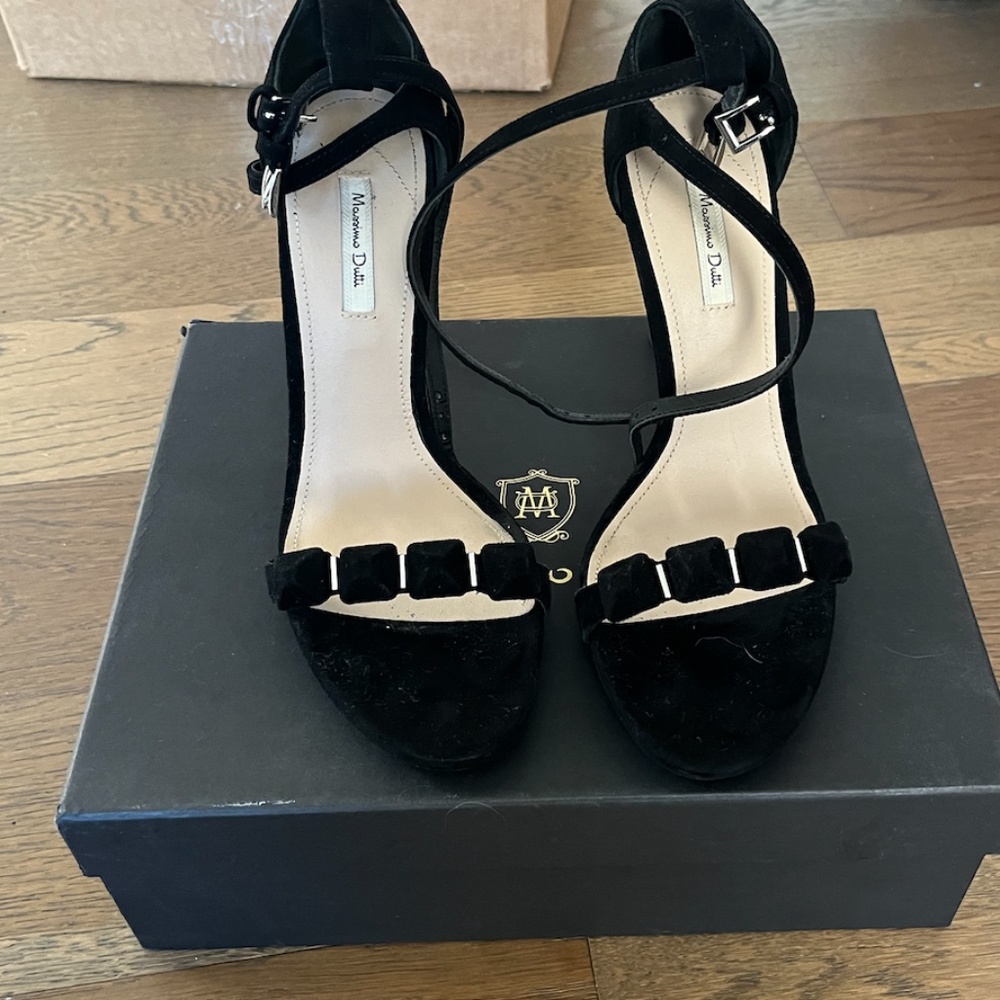 Massimo Dutti Women’s Black Suede Sandal Heels Double Strap Size 8